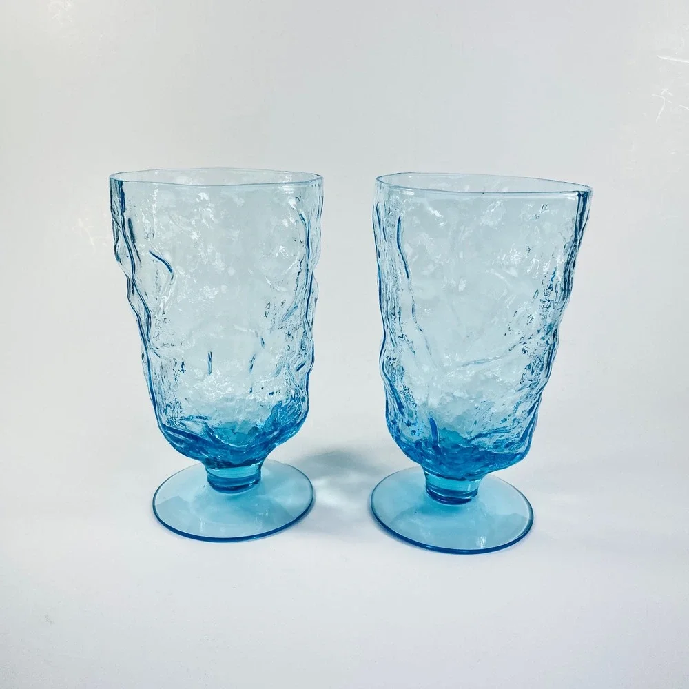 Seneca Driftwood Peacock Blue Water Goblets Set‎ 2 Textured Glass 1980